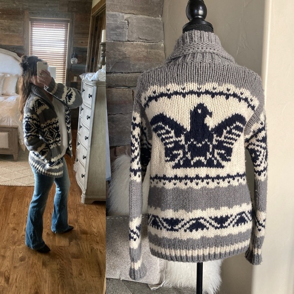 Y2K Fossil Wool Cashmere Native Eagle Chunky Knit Zip Up Cardigan Sweater - Picture 1 of 11